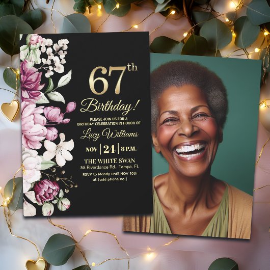 Elegant Floral Gold 67 Birthday Photo Kaart