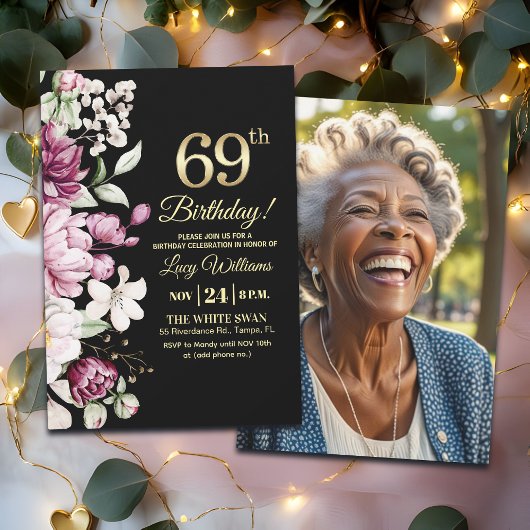 Elegant Floral Gold 69 Birthday Photo Kaart