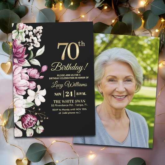 Elegant Floral Gold 70 Birthday Photo Kaart