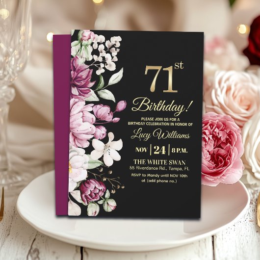 Elegant Floral Gold 71 Birthday Party Kaart