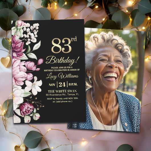 Elegant Floral Gold 83 Birthday Photo Kaart