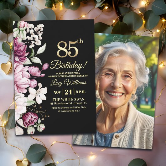 Elegant Floral Gold 85 Birthday Photo Kaart
