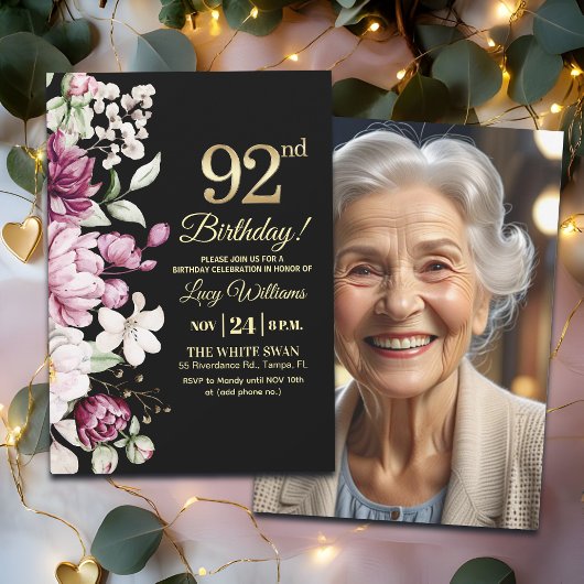 Elegant Floral Gold 92 Birthday Photo Kaart