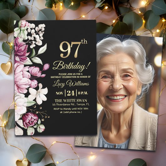 Elegant Floral Gold 97 Birthday Photo Kaart