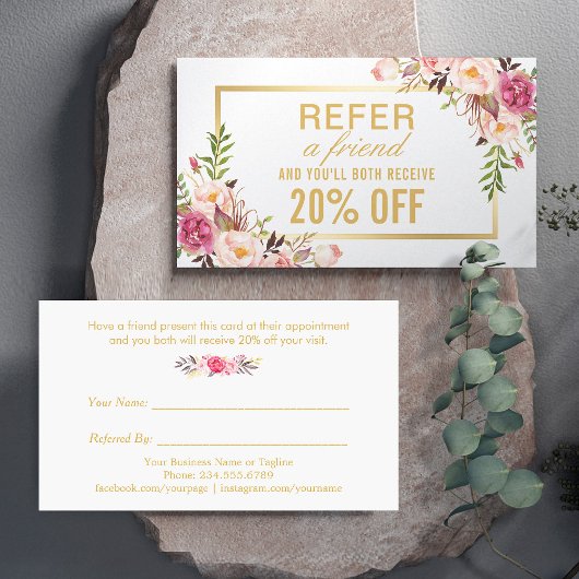 Elegant Floral Gold Beauty Salon Referral Kaart