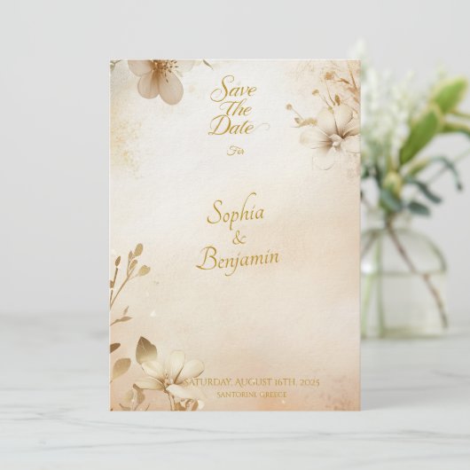 Elegant Floral Gold Bewaar de datum Aangepaste det Kaart (Staand voorkant)
