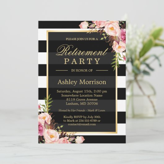 Elegant Floral Gold Black Stripes Retirement Party Kaart (Staand voorkant)