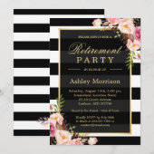 Elegant Floral Gold Black Stripes Retirement Party Kaart (Voorkant / Achterkant)