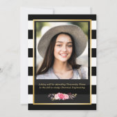 Elegant Floral Gold Black White Stripes Afstuderen Aankondiging (Achterkant)