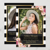 Elegant Floral Gold Black White Stripes Afstuderen Aankondiging (Voorkant / Achterkant)