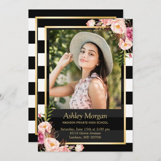 Elegant Floral Gold Black White Stripes Afstuderen Aankondiging (Voorkant / Achterkant)