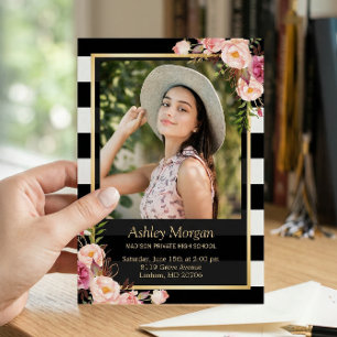 Elegant Floral Gold Black White Stripes Afstuderen Aankondiging