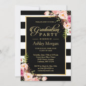 Elegant Floral Gold Black White Stripes Afstuderen Kaart (Voorkant)