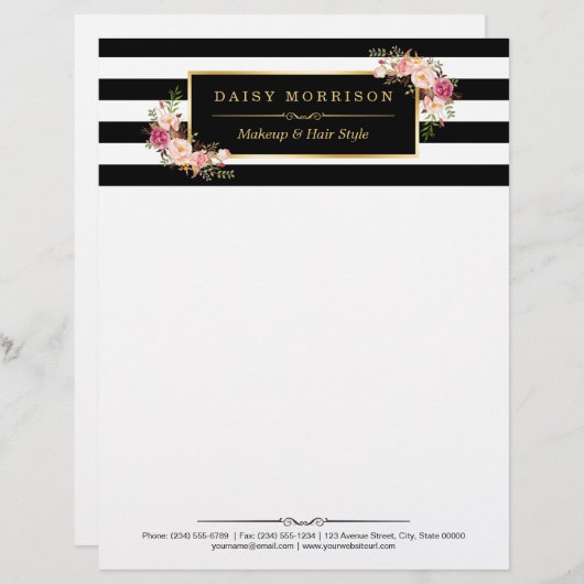 Elegant  Floral Gold Black White Stripes Persoonlijk Briefhoofd (Voorkant / Achterkant)