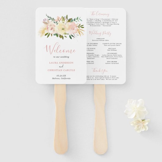 Elegant Floral Gold Blush Pink Wedding Programme Handwaaier (Voorkant en achterkant)