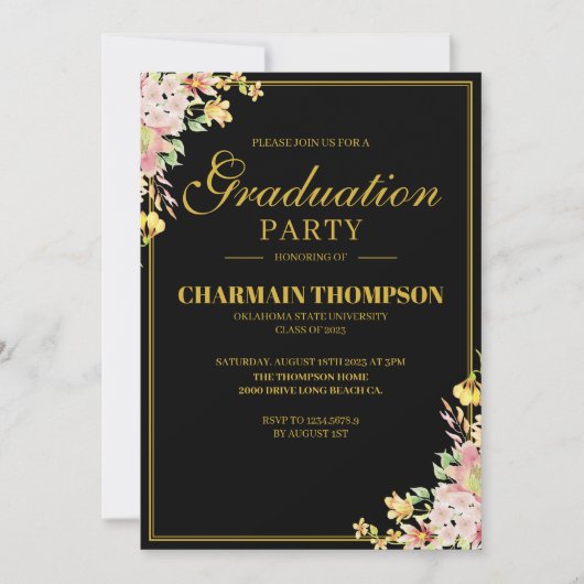 Elegant Floral Gold Border Formal Black Afstuderen Kaart (Voorkant)