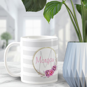 Elegant Floral Gold Border Stripes Monogram Koffiemok