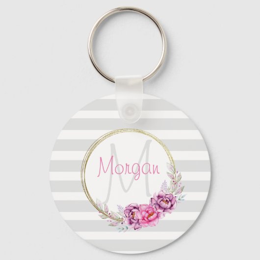 Elegant Floral Gold Border Stripes Monogram Sleutelhanger (Voorkant)