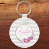 Elegant Floral Gold Border Stripes Monogram Sleutelhanger (Voorkant)