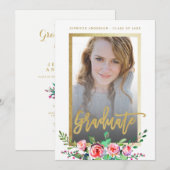 Elegant Floral Gold Chic Photo Graduparty Kaart (Voorkant / Achterkant)