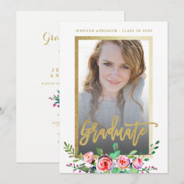 Elegant Floral Gold Chic Photo Graduparty Kaart