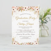 Elegant Floral Gold Confetti Pink Graduparty Kaart (Staand voorkant)
