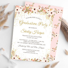 Elegant Floral Gold Confetti Pink Graduparty Kaart