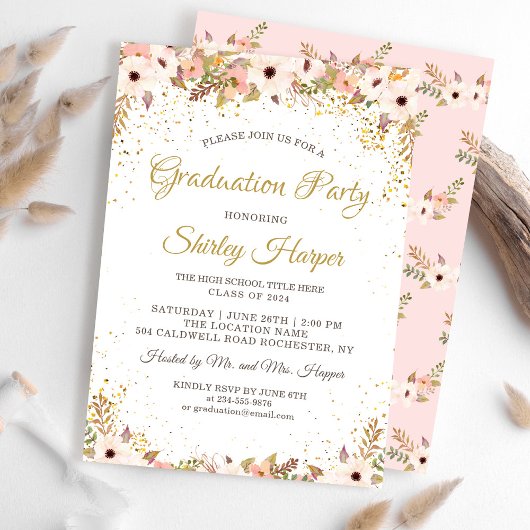 Elegant Floral Gold Confetti Pink Graduparty Kaart