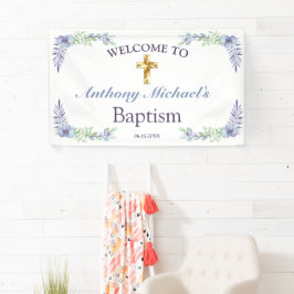 Elegant Floral Gold Cross Baby Baptisme Welkom Spandoek