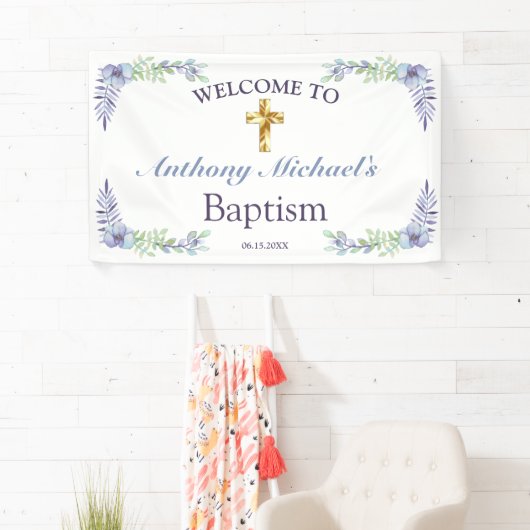 Elegant Floral Gold Cross Baby Baptisme Welkom Spandoek (Insitu)