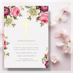 Elegant Floral Gold Cross Baptism Folie Uitnodigin Folie Uitnodiging