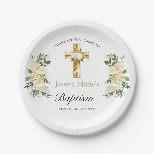 Elegant Floral Gold Cross Baptisme Hartelijk dank Papieren Bordje (Voorkant)