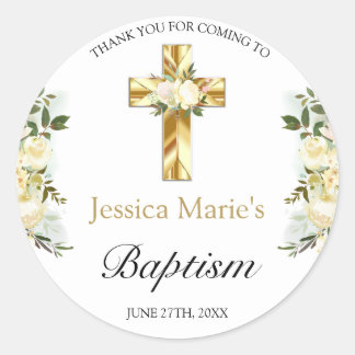 Elegant Floral Gold Cross Baptisme Hartelijk dank Ronde Sticker