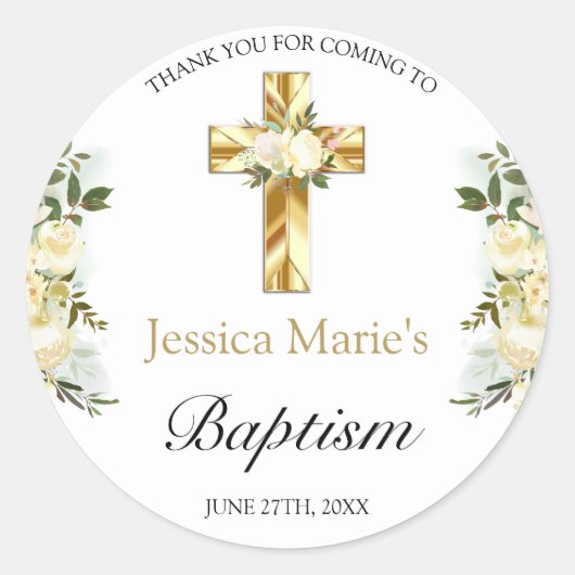 Elegant Floral Gold Cross Baptisme Hartelijk dank Ronde Sticker (Voorkant)