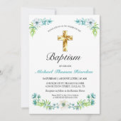 Elegant Floral Gold Cross Boy Baptism Uitnodiging (Voorkant)