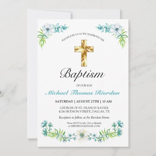 Elegant Floral Gold Cross Boy Baptism Uitnodiging (Voorkant)