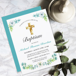 Elegant Floral Gold Cross Boy Baptism Uitnodiging