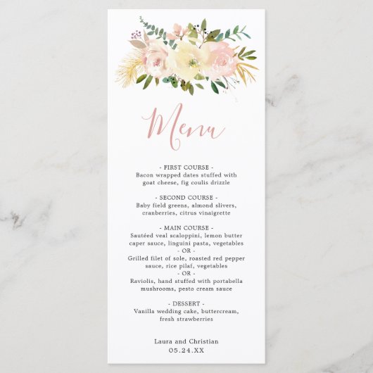 Elegant Floral Gold Dusty Roos Blush Pink Weddensc Menu (Voorkant)