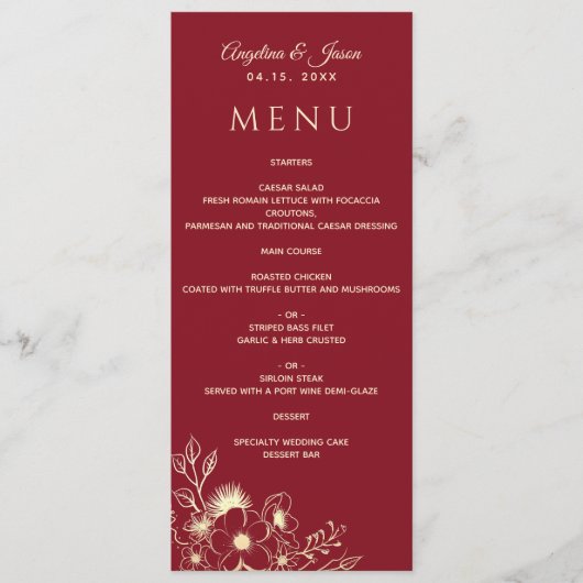 Elegant Floral Gold en Bourgogne Wedding Menu (Voorkant)