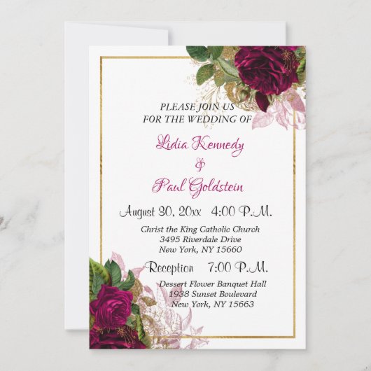 Elegant Floral Gold en Burgundy Rozen Wedding Kaart (Voorkant)