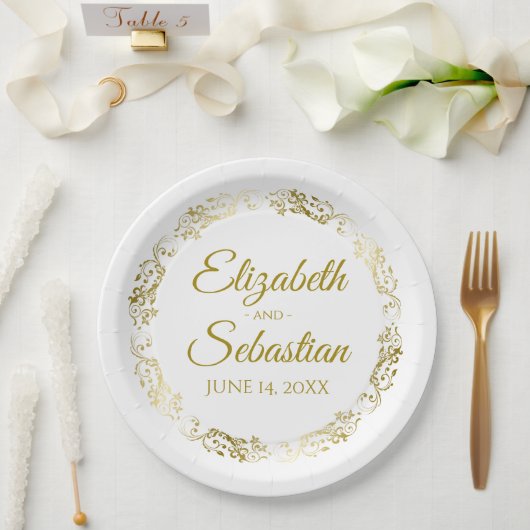 Elegant Floral Gold Filigree Simple Chic Wedding Papieren Bordje (Huwelijk)