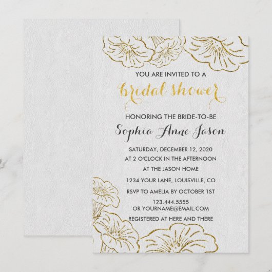 Elegant Floral Gold Foil Bridal Shower Invitation Kaart (Voorkant / Achterkant)