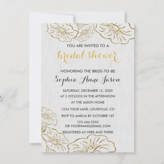 Elegant Floral Gold Foil Bridal Shower Invitation Kaart (Voorkant)