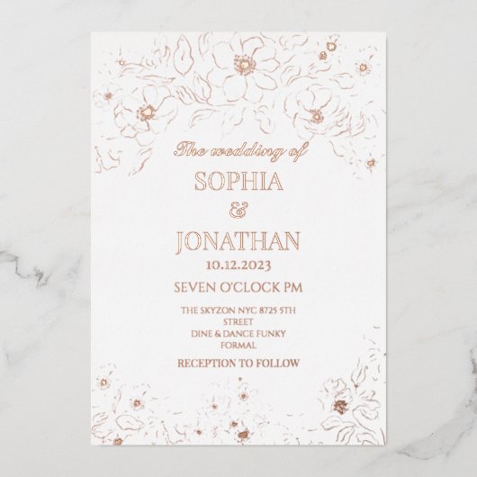 Elegant floral gold foil bruiloft folie uitnodiging (Voorkant)