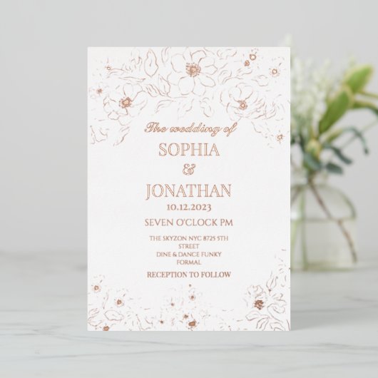 Elegant floral gold foil bruiloft folie uitnodiging (Staand Voorkant)