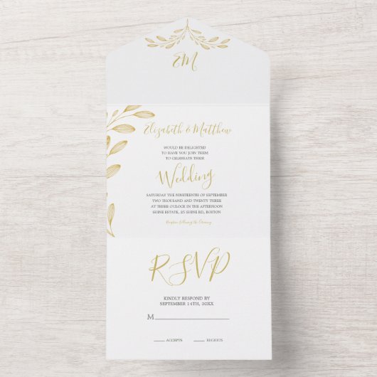 Elegant Floral Gold Formal Monogram Weddenschap All In One Uitnodiging (Binnen)