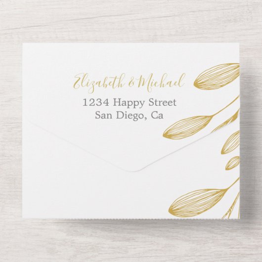 Elegant Floral Gold Formal Monogram Weddenschap All In One Uitnodiging (Achterkant)