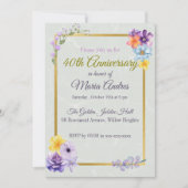 Elegant Floral Gold Frame 40th Birthday Invitation Kaart (Voorkant)