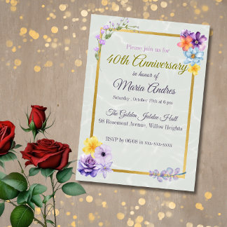 Elegant Floral Gold Frame 40th Birthday Invitation Kaart