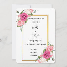 Elegant Floral Gold Frame Wedding Invitation  Kaart